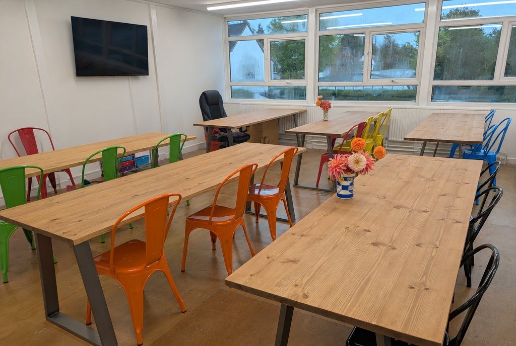 Pine tables in a school library