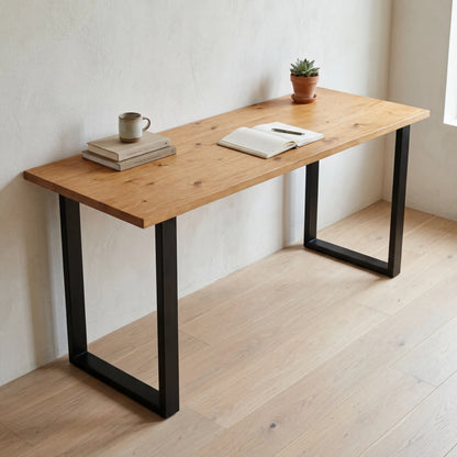Grove Solid Wood Desk, Cognac finish, black square legs, lifestyle
