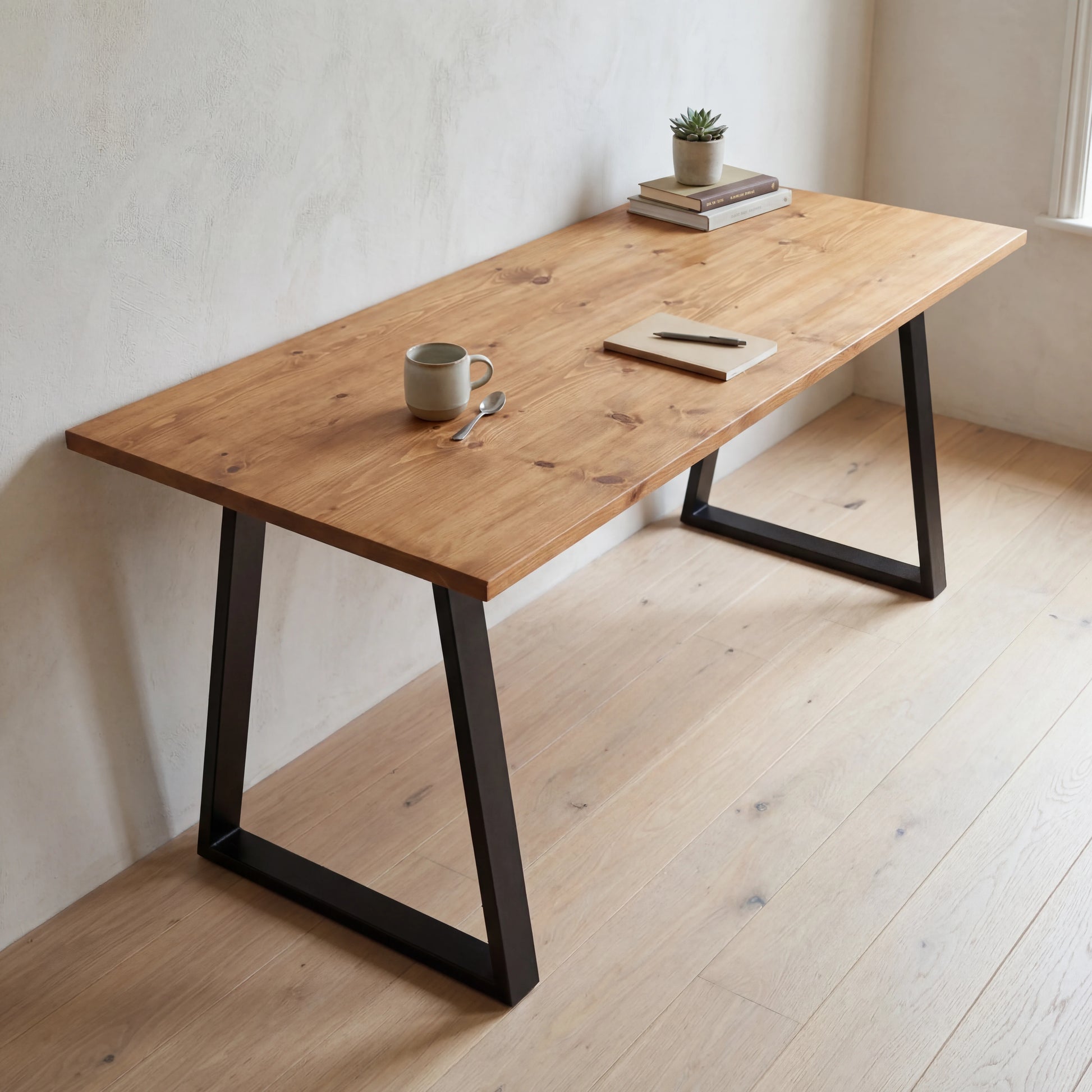 Grove Solid Wood Desk, Cognac finish, black trapezium legs, lifestyle