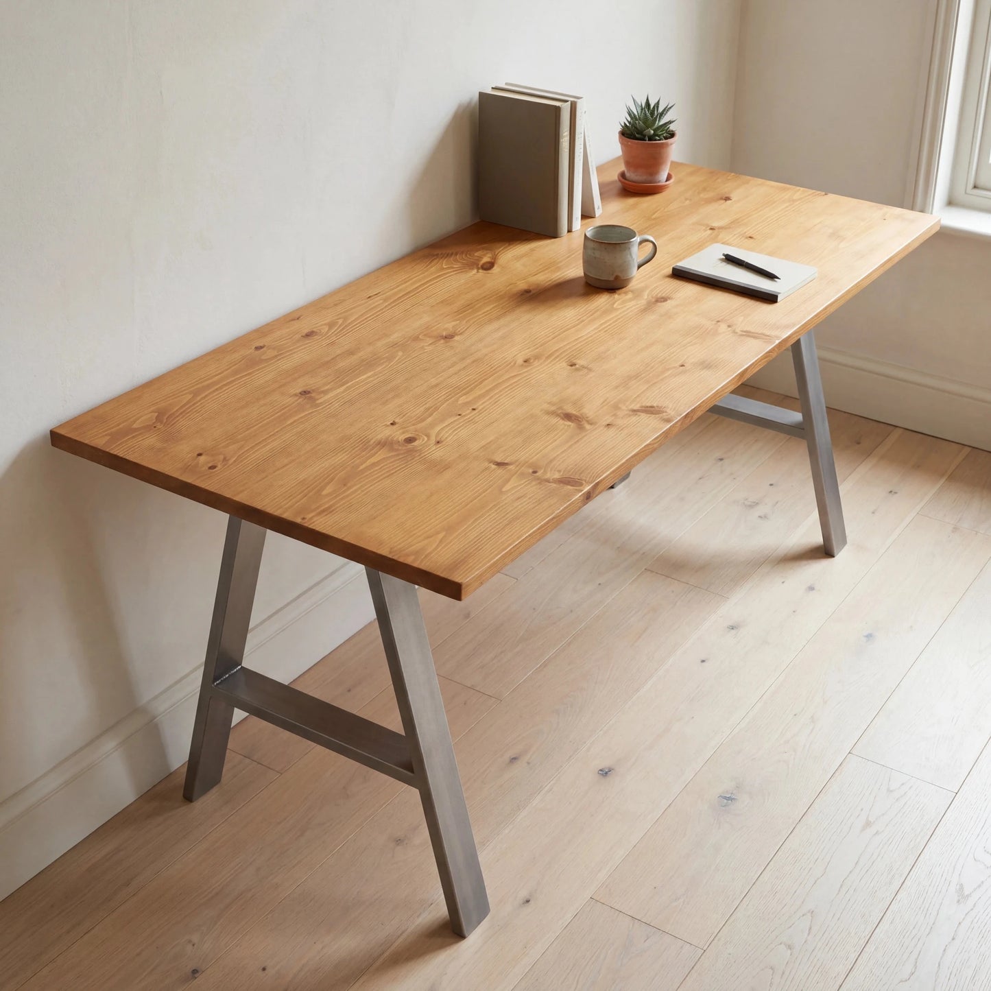 Grove Solid Wood Desk, Cognac finish, steel A-frame legs, lifestyle