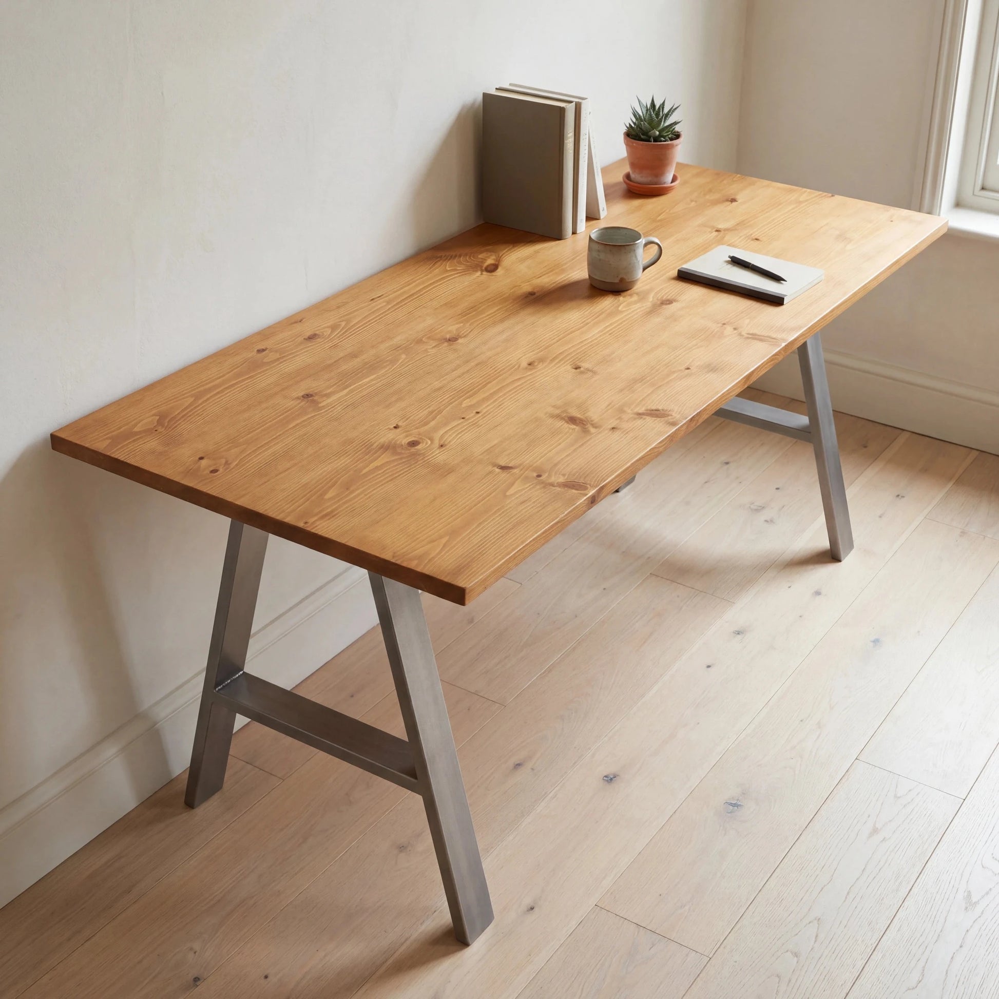 Grove Solid Wood Desk, Cognac finish, steel A-frame legs, lifestyle