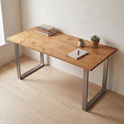 Grove Solid Wood Desk, Cognac finish, steel square legs, lifestyle