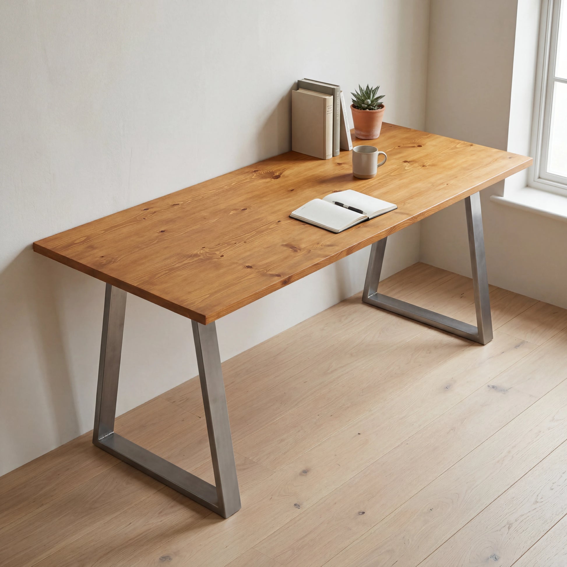 Grove Solid Wood Desk, Cognac finish, steel trapezium legs, lifestyle
