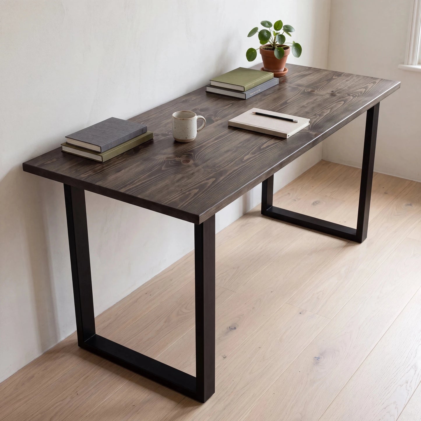 Grove Solid Wood Desk, Espresso finish, black square legs, lifestyle