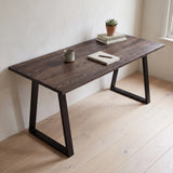 Grove Solid Wood Desk, Espresso finish, black trapezium legs, lifestyle