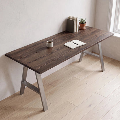 Grove Solid Wood Desk, Espresso finish, steel A-frame legs, lifestyle