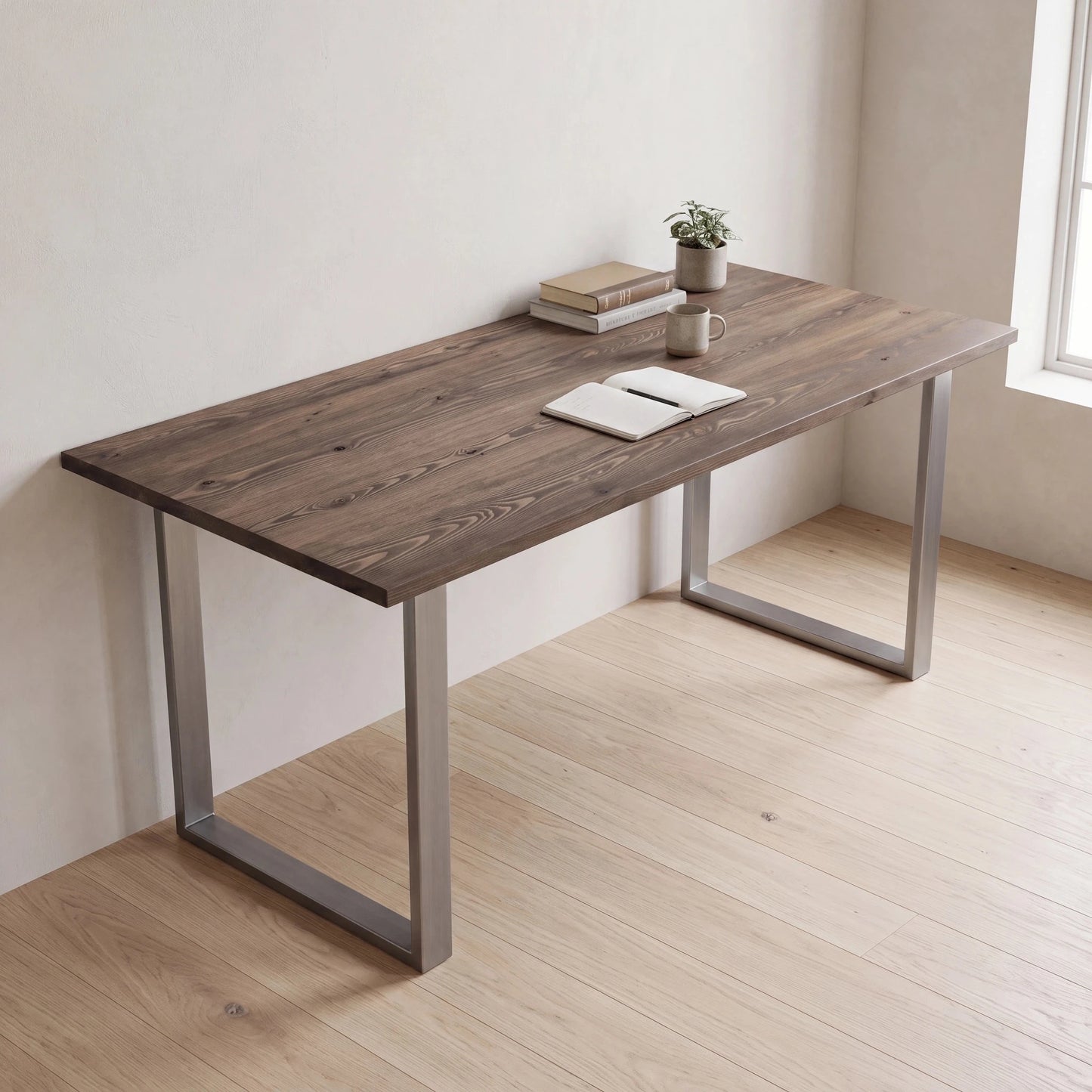 Grove Solid Wood Desk, Espresso finish, steel square legs, lifestyle