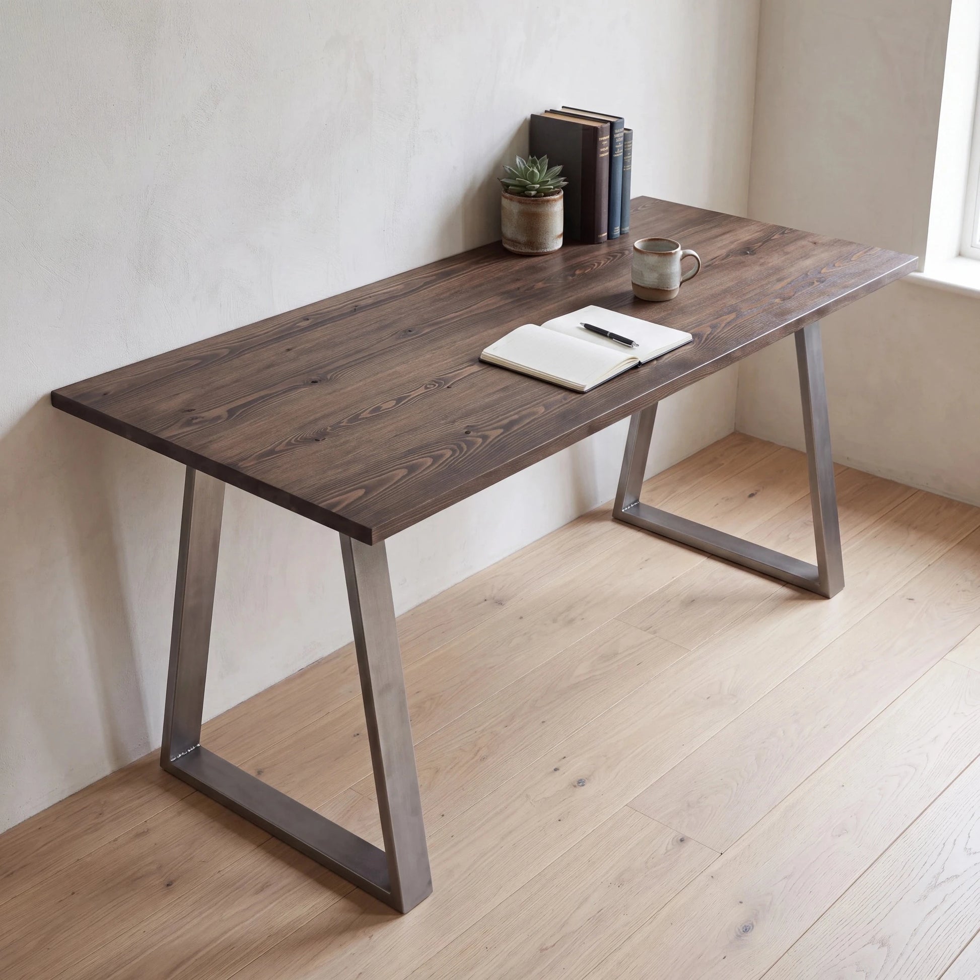 Grove Solid Wood Desk, Espresso finish, steel trapezium legs, lifestyle
