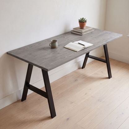 Grove Solid Wood Desk, Graphite finish, black A-frame legs, lifestyle