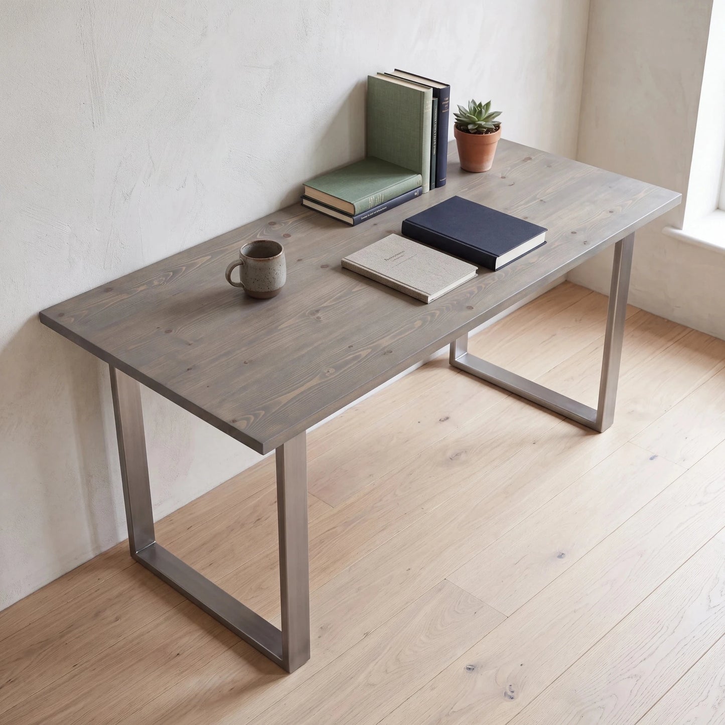 Grove Solid Wood Desk, Graphite finish, steel square legs, lifestyle