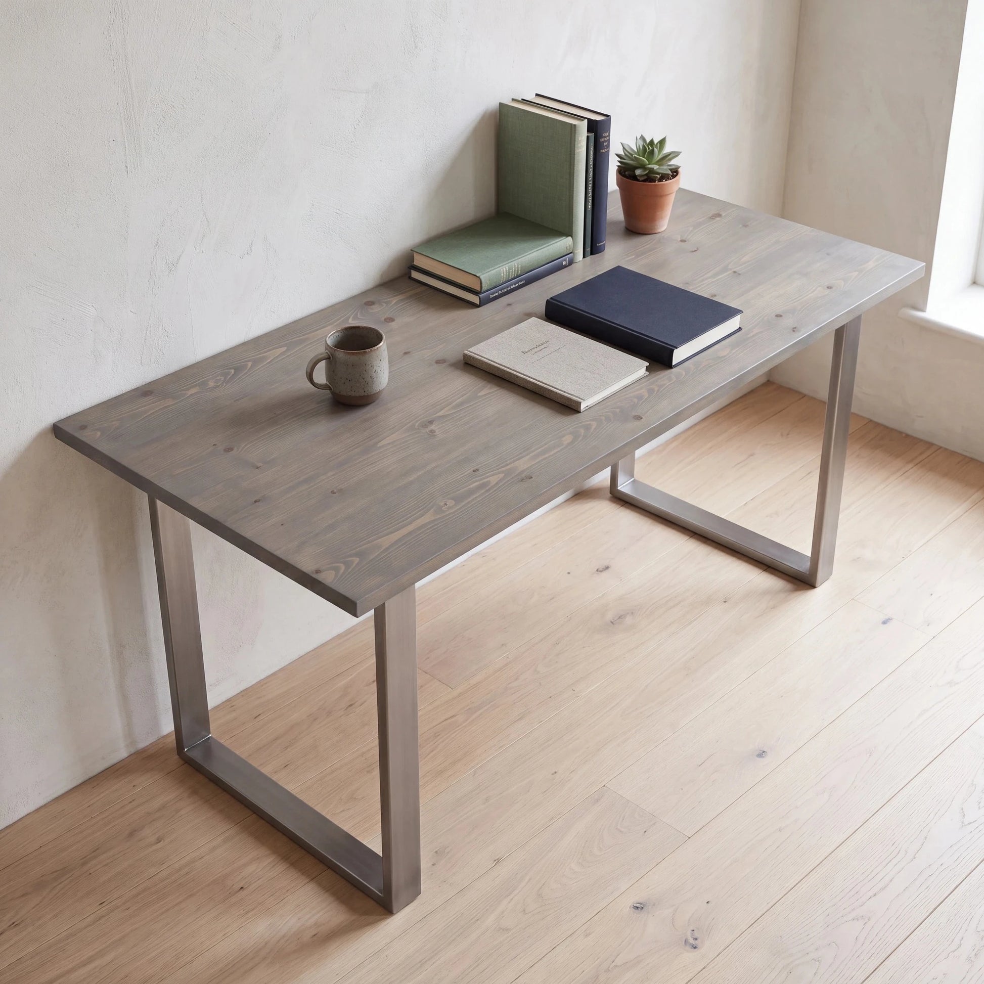 Grove Solid Wood Desk, Graphite finish, steel square legs, lifestyle
