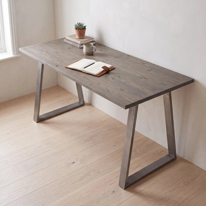 Grove Solid Wood Desk, Graphite finish, steel trapezium legs, lifestyle