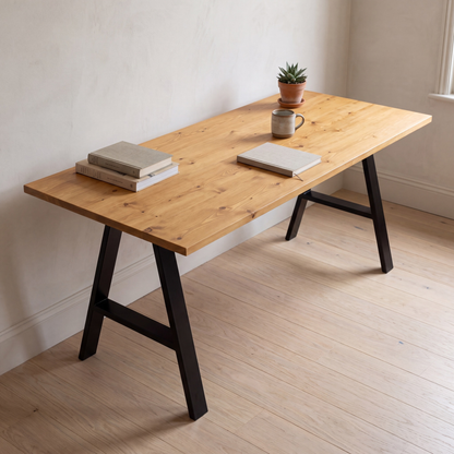 Grove Solid Wood Desk, Honey finish, black A-frame legs, lifestyle