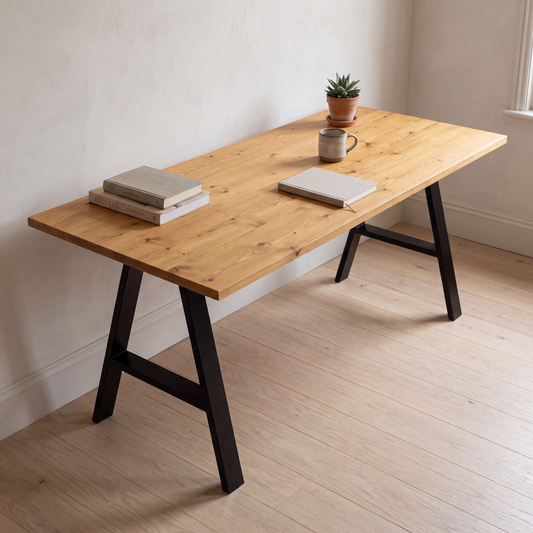 Grove Solid Wood Desk, Honey finish, black A-frame legs, lifestyle