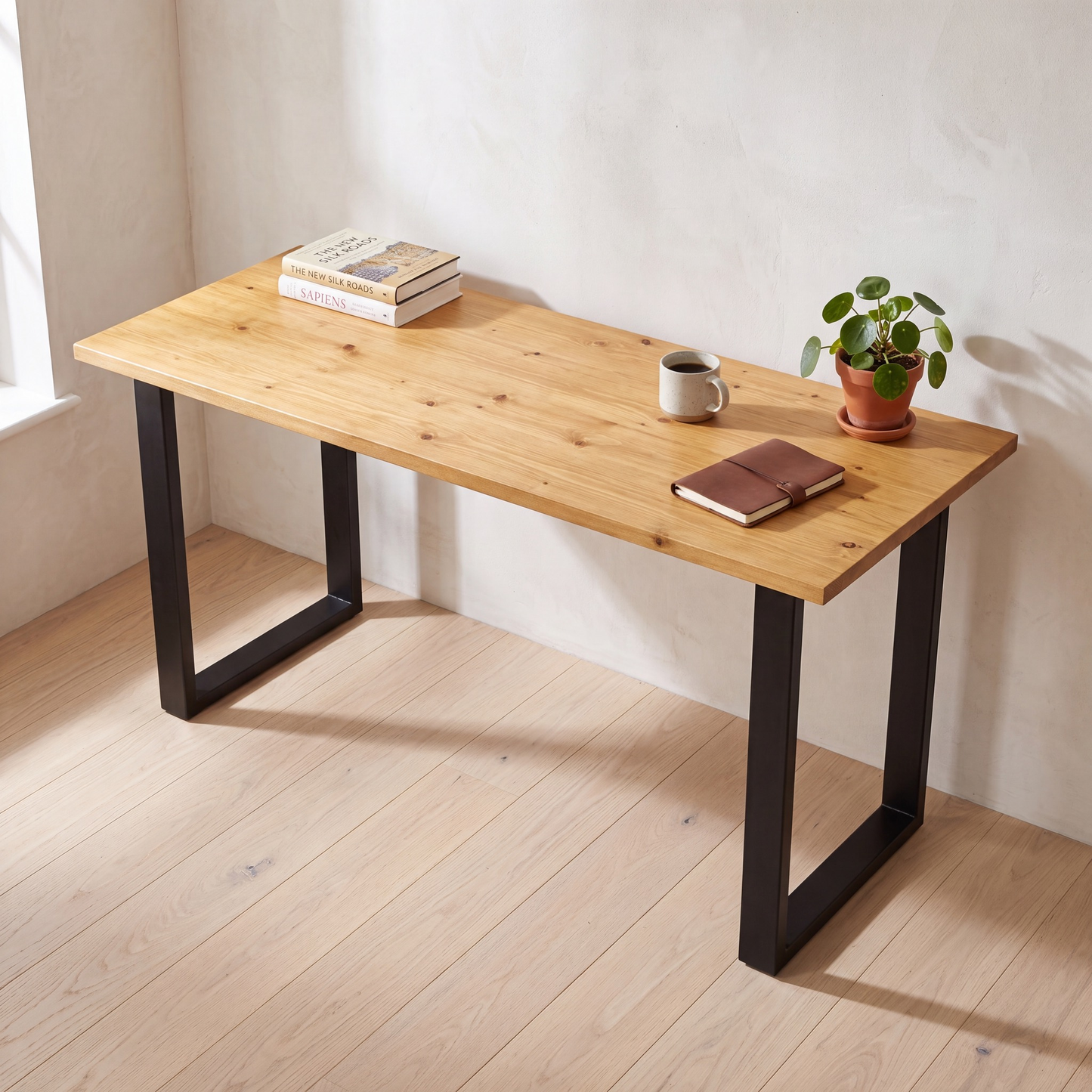 Grove Solid Wood Desk, Honey finish, black square legs, lifestyle