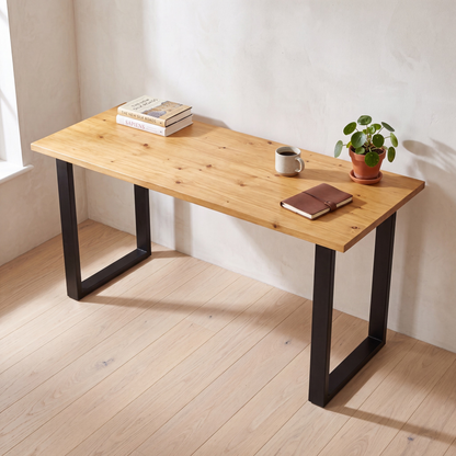 Grove Solid Wood Desk, Honey finish, black square legs, lifestyle
