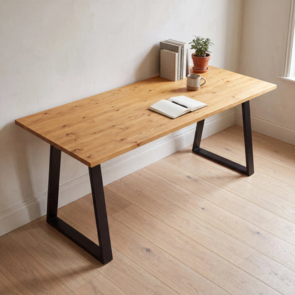 Grove Solid Wood Desk, Honey finish, black trapezium legs, lifestyle