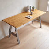Grove Solid Wood Desk, Honey finish, steel A-frame legs, lifestyle