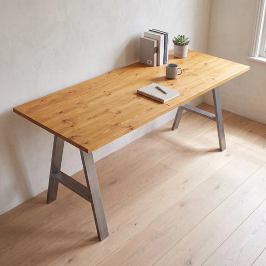Grove Solid Wood Desk, Honey finish, steel A-frame legs, lifestyle