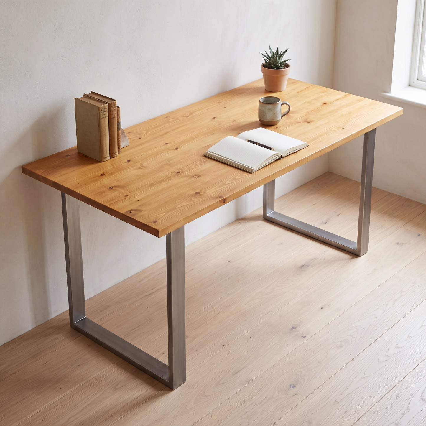 Grove Solid Wood Desk, Honey finish, steel square legs, lifestyle