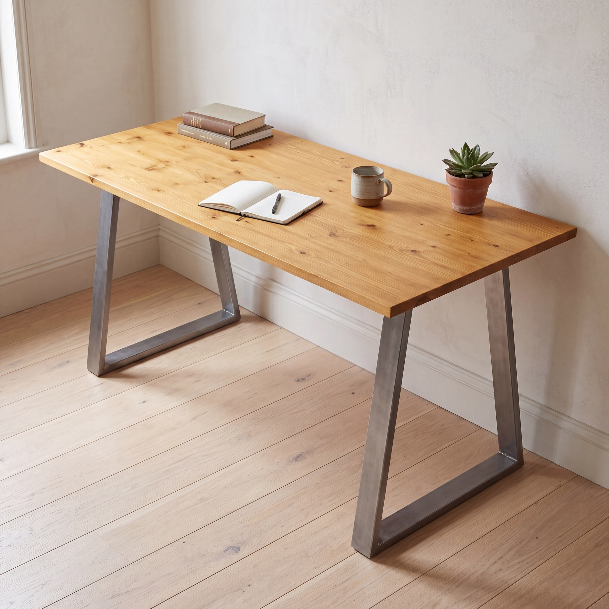 Grove Solid Wood Desk, Honey finish, steel trapezium legs, lifestyle