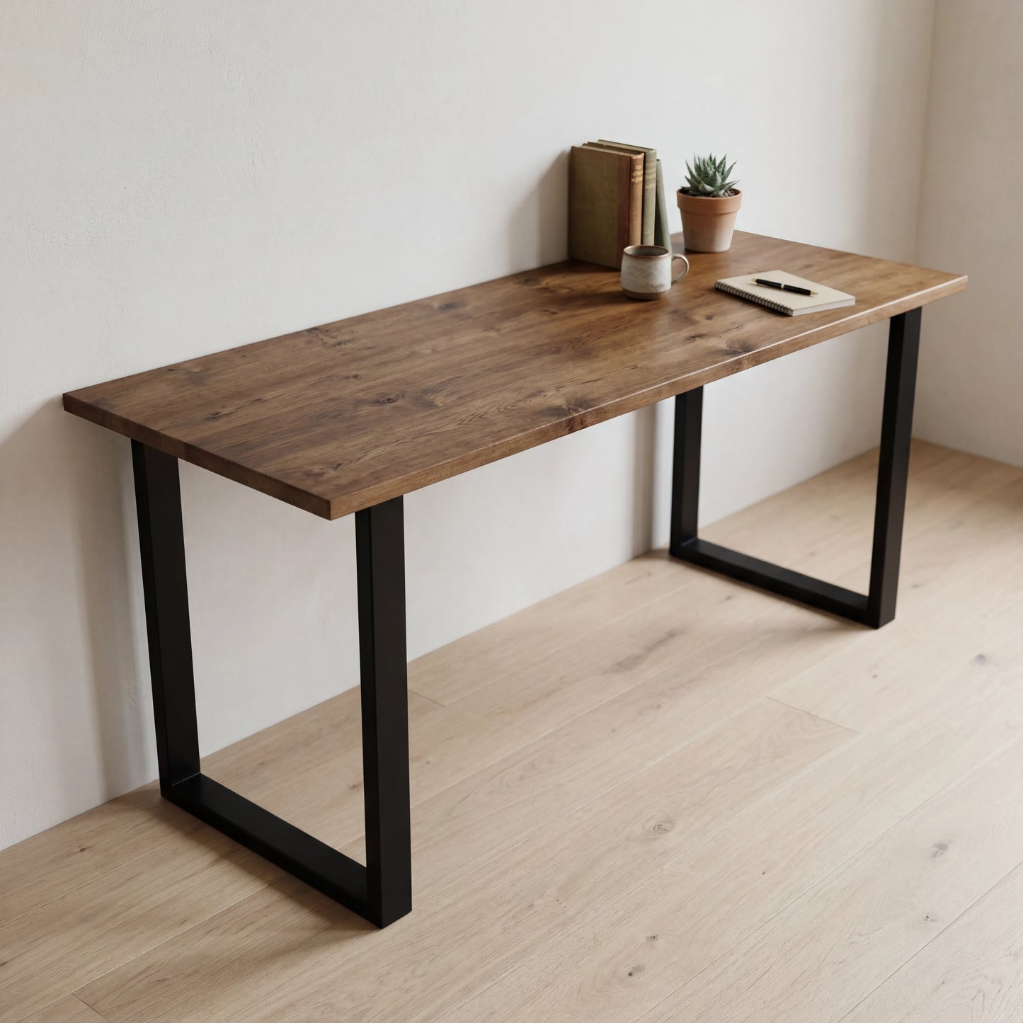 Grove Solid Wood Desk, Tobacco finish, black square legs, lifestyle