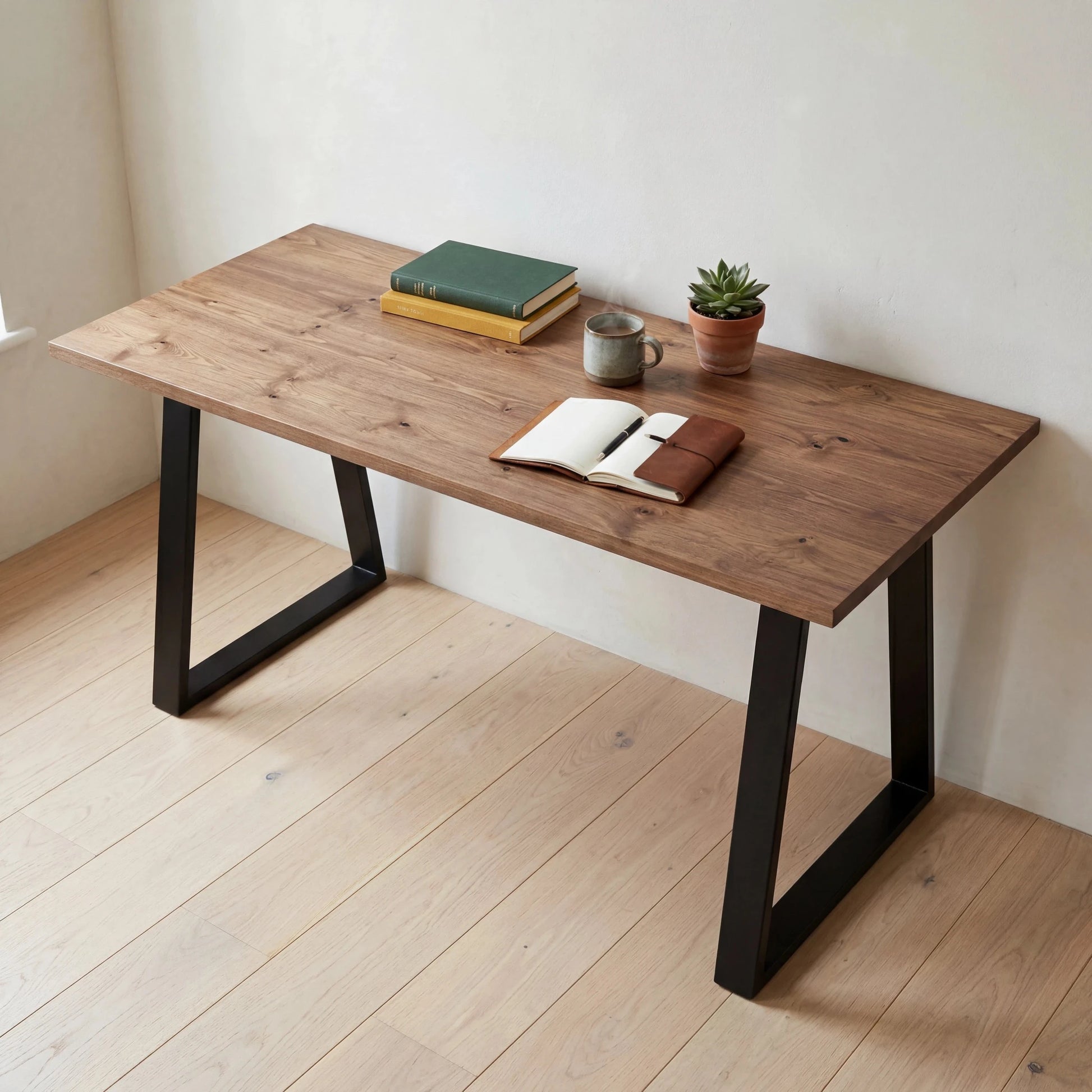 Grove Solid Wood Desk, Tobacco finish, black trapezium legs, lifestyle
