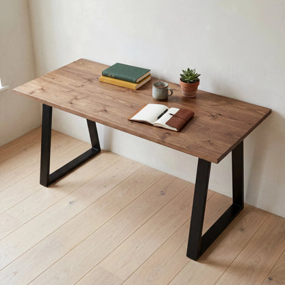 Grove Solid Wood Desk, Tobacco finish, black trapezium legs, lifestyle