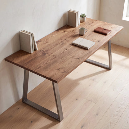 Grove Solid Wood Desk, Tobacco finish, steel trapezium legs, lifestyle
