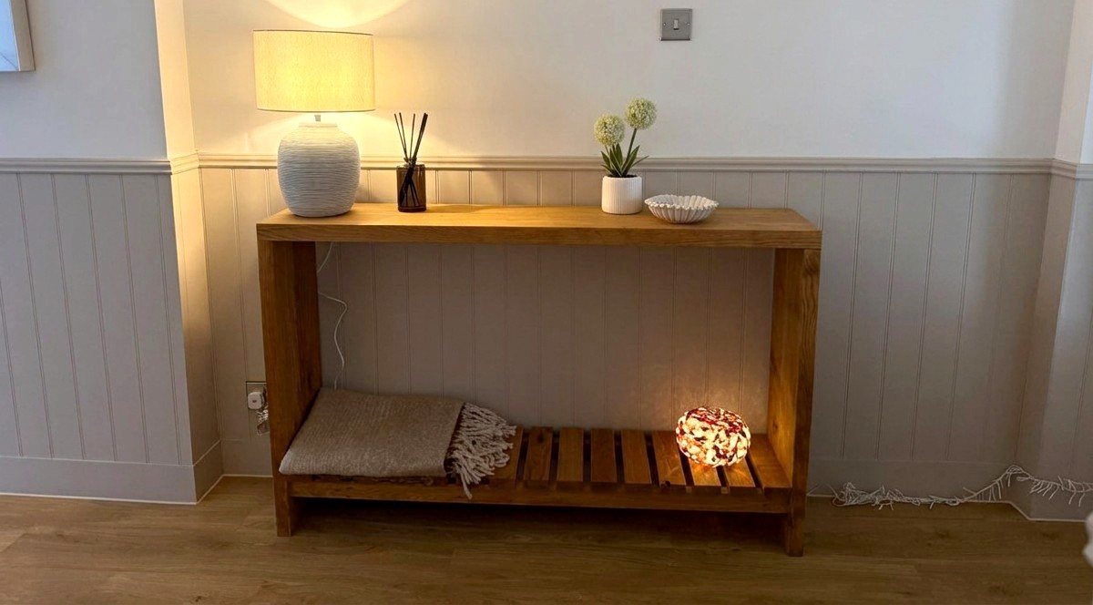 Solid oak console table made to fit a panelled hallway